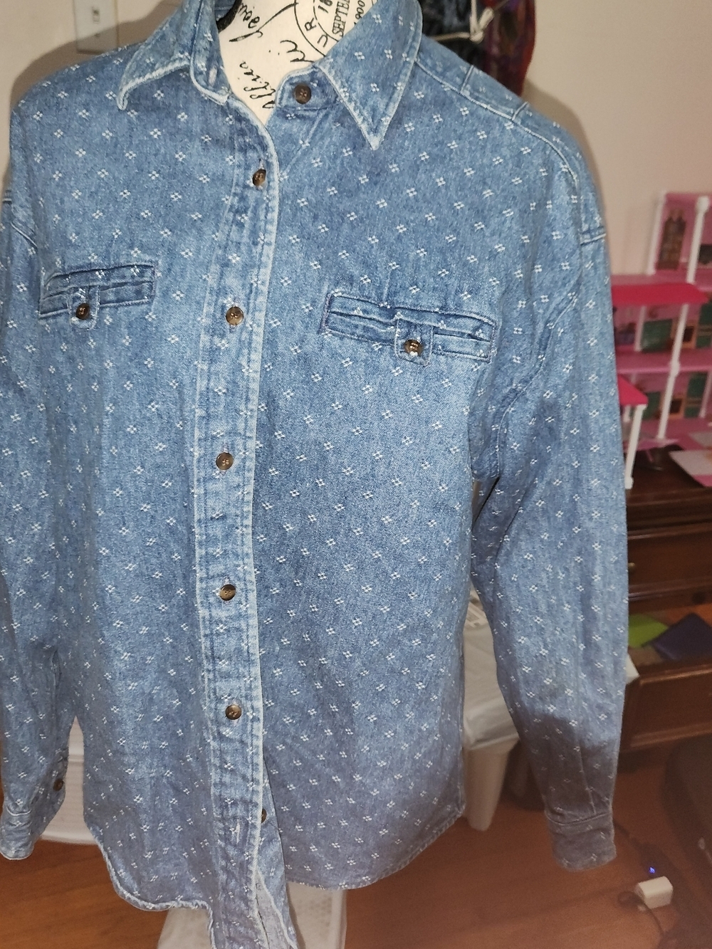 Ruff Hewn Light Blue Denim Button-Down Shirt with Microprint M